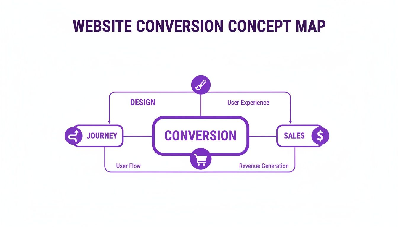 A concept map showing website conversion at the center, linked to journey, design, and sales.