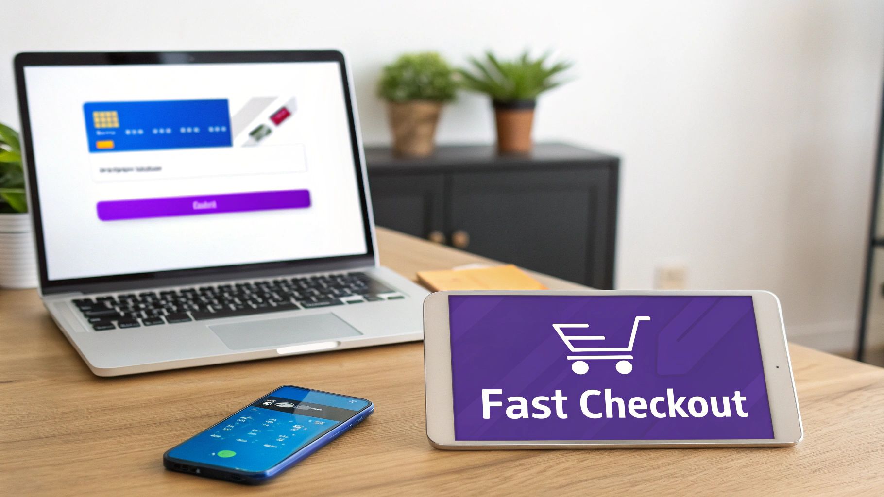Digital devices on a desk, a laptop displaying a payment form, and a tablet showing 'Fast Checkout'.