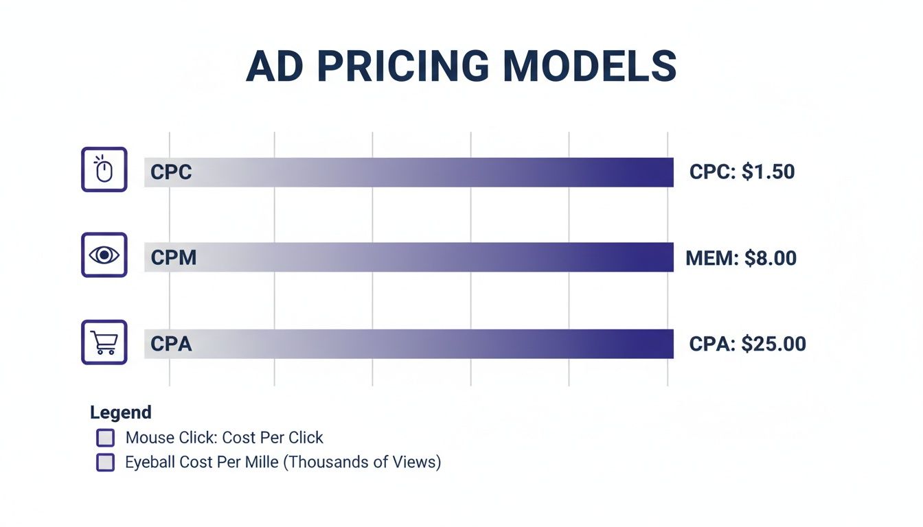 A bar chart illustrating ad pricing models: Cost Per Click ($1.50), Cost Per Mille ($8.00), and Cost Per Acquisition ($25.00).