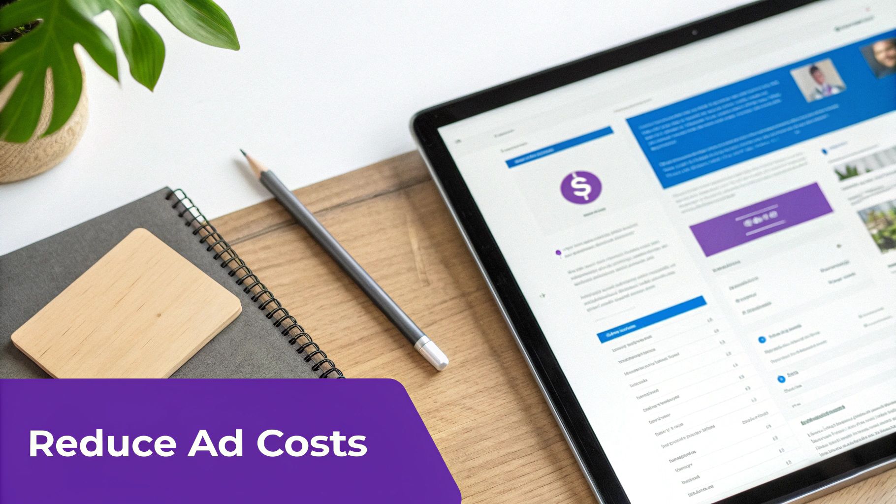 Desk flat lay with laptop displaying online ad metrics, notebook, pencil, and a plant, promoting 'Reduce Ad Costs'.