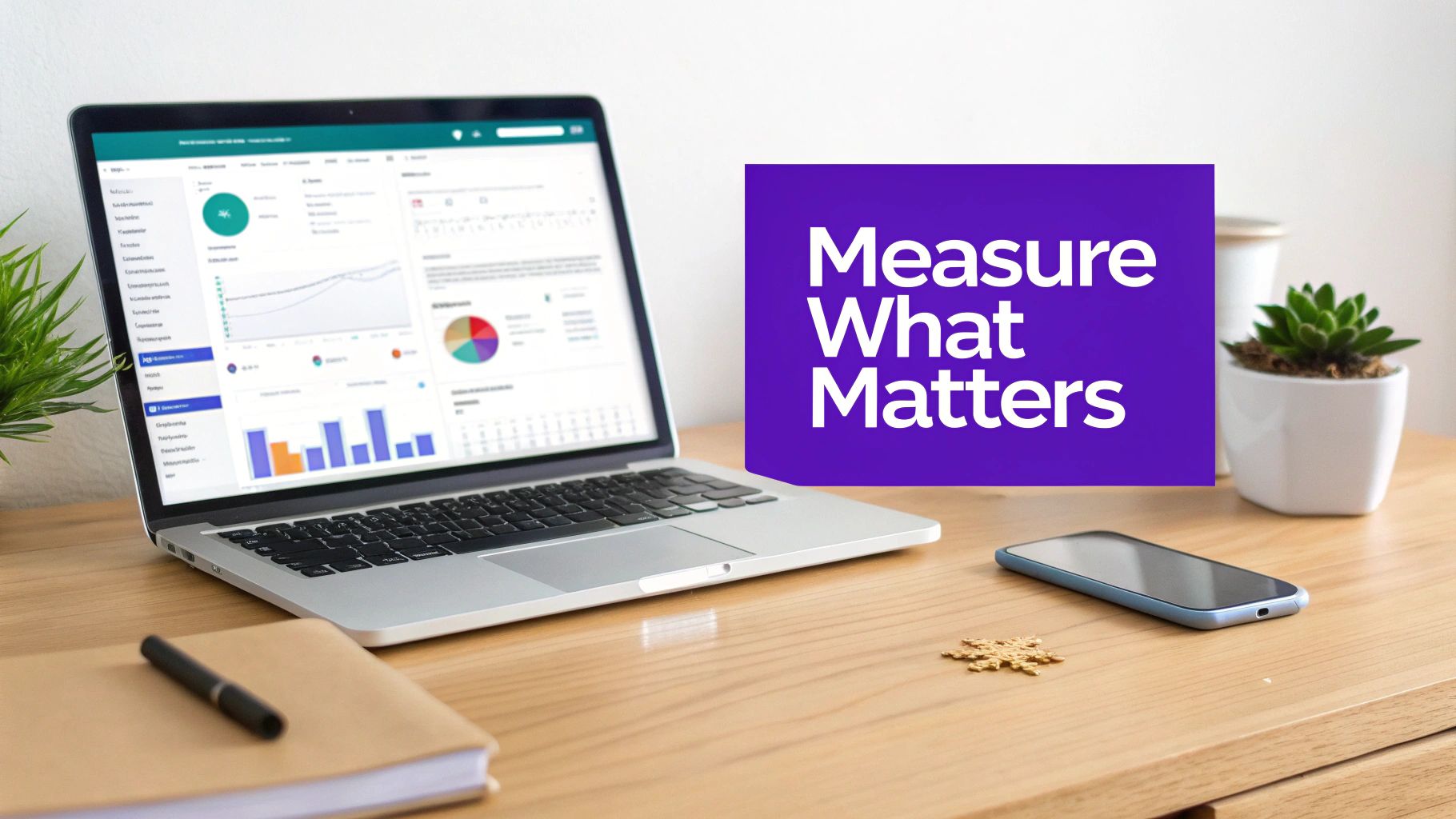 Laptop displaying an analytics dashboard with charts and graphs, next to a smartphone and a plant. A purple banner reads 'Measure What Matters'.