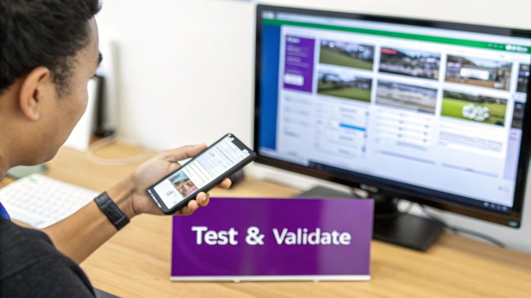 A person holding a smartphone and looking at a computer monitor displaying web content, next to a 'Test & Validate' sign.