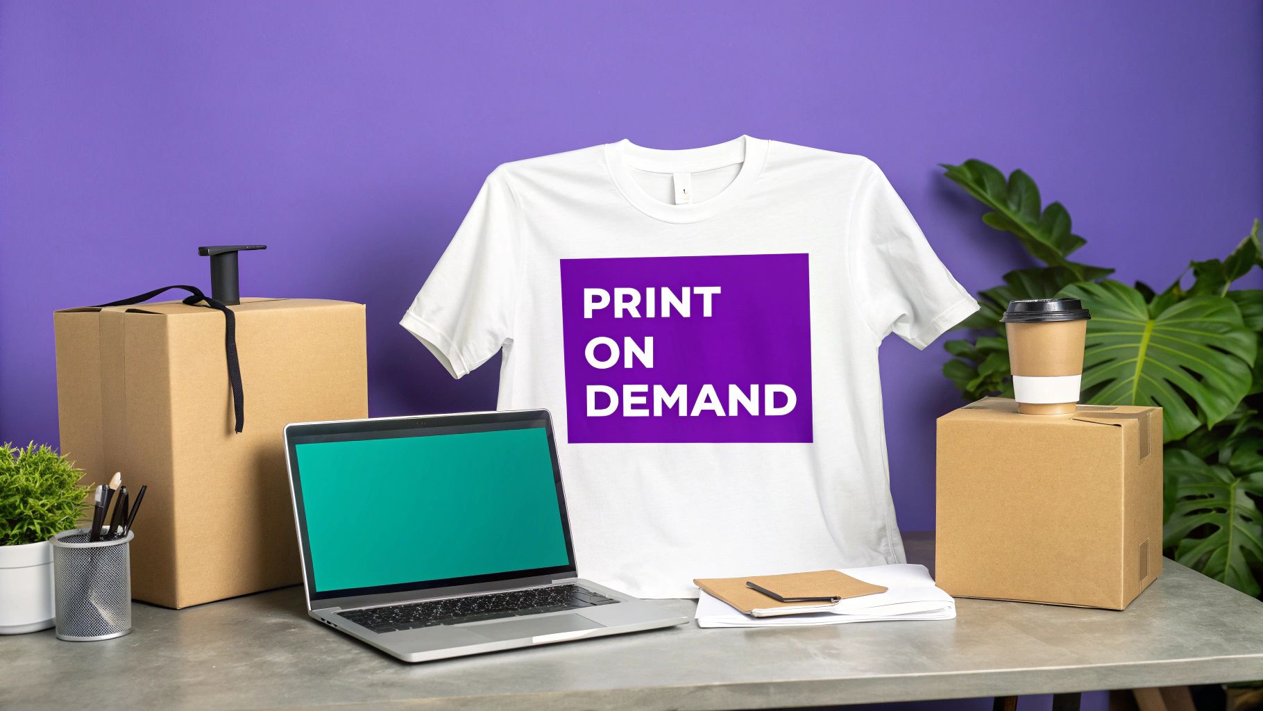 A print on demand setup with a t-shirt, laptop, shipping boxes, and coffee cup on a desk.