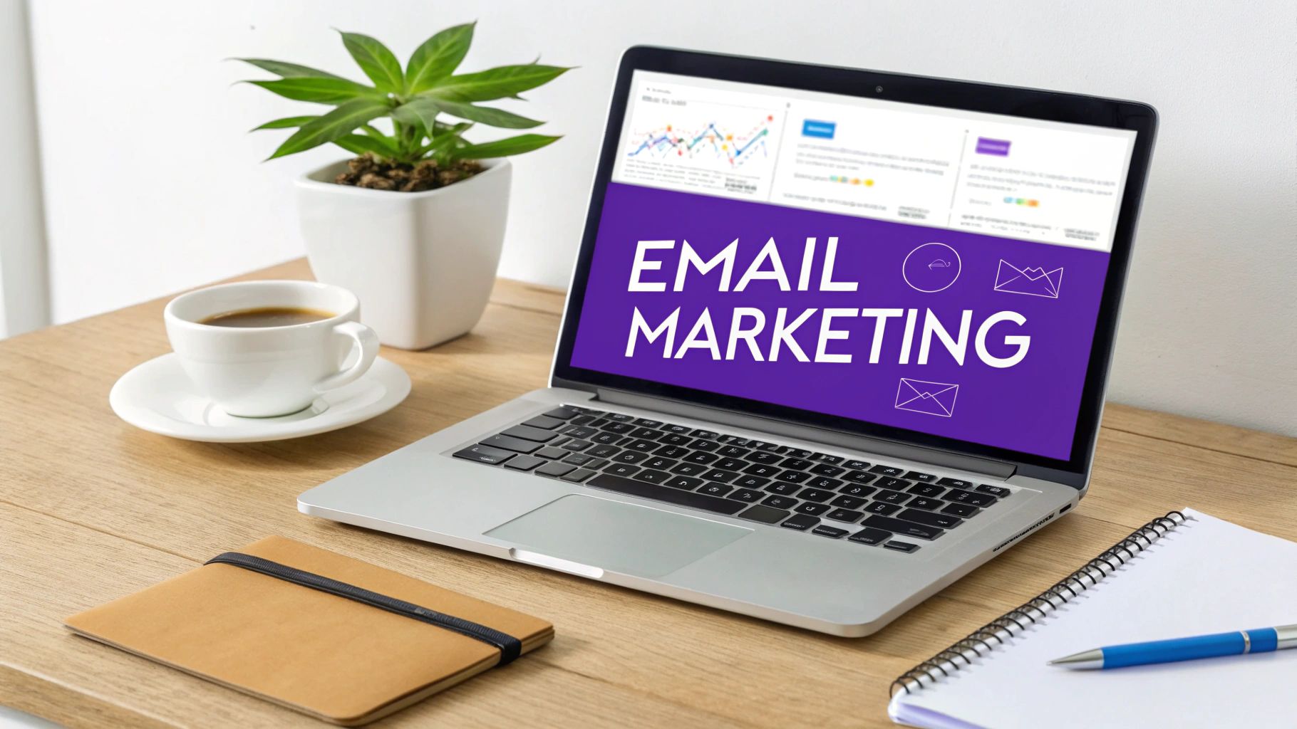 A laptop screen displays 'EMAIL MARKETING' on a purple background, surrounded by a coffee, plant, and notebooks on a wooden desk.