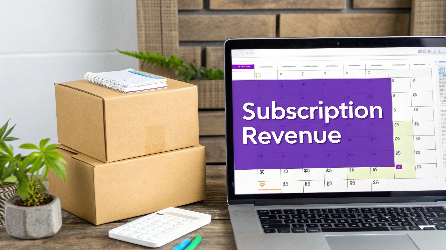 Laptop displaying 'Subscription Revenue' on a calendar next to shipping boxes, a calculator, and a plant.