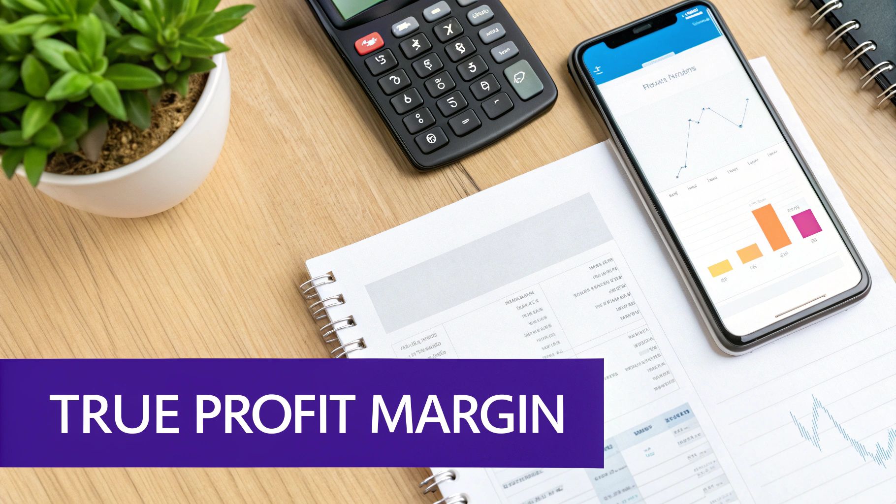 A desk setup with a calculator, smartphone showing profit charts, and a notepad. A banner reads 'TRUE PROFIT MARGIN'.
