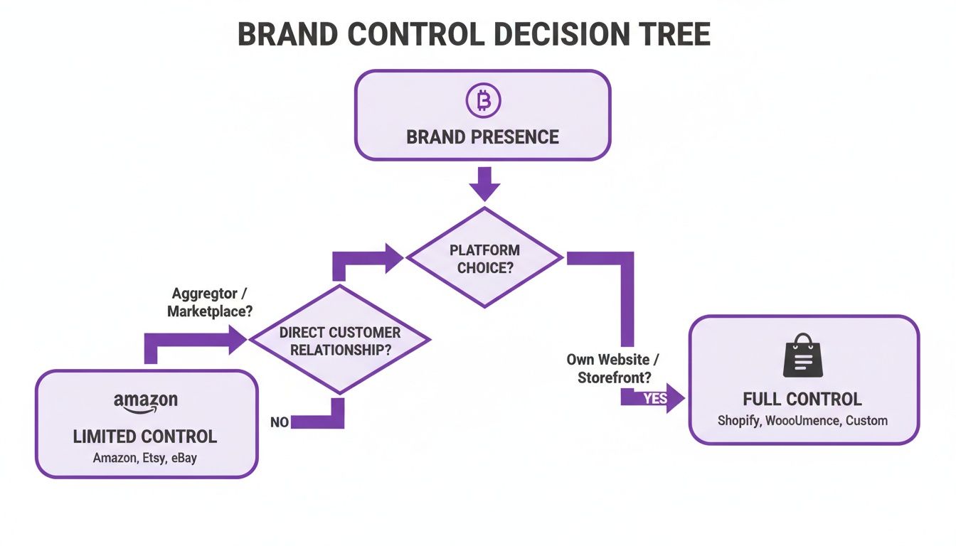Decision tree illustrating brand control choices: limited control on marketplaces versus full control with own website.