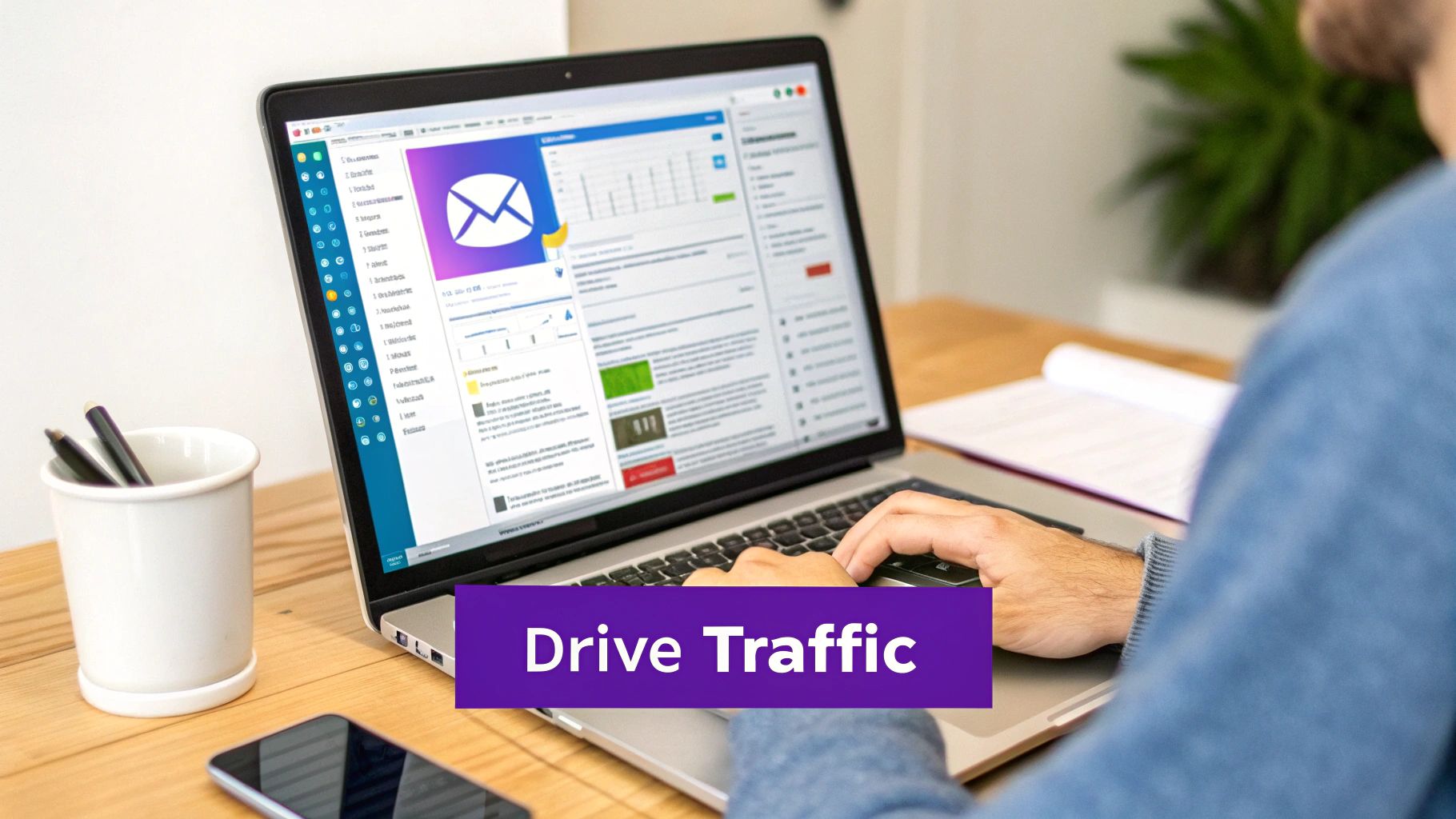 Person using a laptop displaying an email marketing dashboard, actively working to drive traffic.