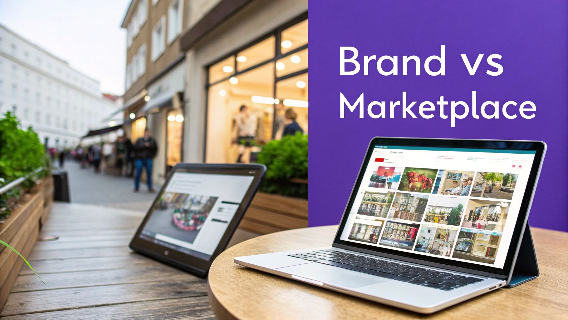 Image comparing 'Brand vs Marketplace' with a street shop scene and a tablet next to a laptop displaying an online gallery.