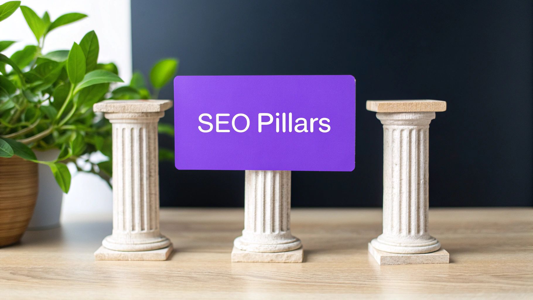 Three decorative columns on a wooden desk, with a purple sign reading 'SEO Pillars' on the middle one.