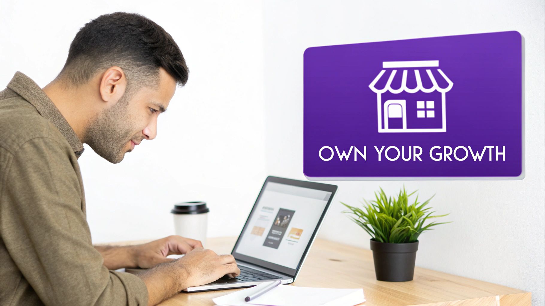 A focused man works on a laptop at a desk, with a plant and an 'OWN YOUR GROWTH' sign.
