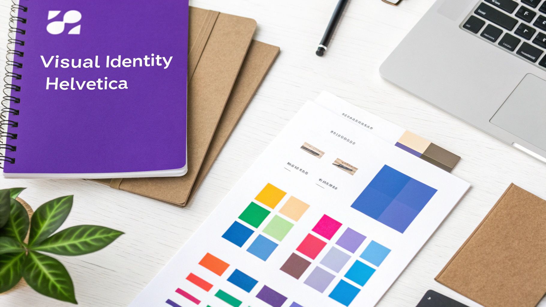 A top-down view of a designer's desk featuring a purple 'Visual Identity' notebook, color palettes, laptop, and a plant.