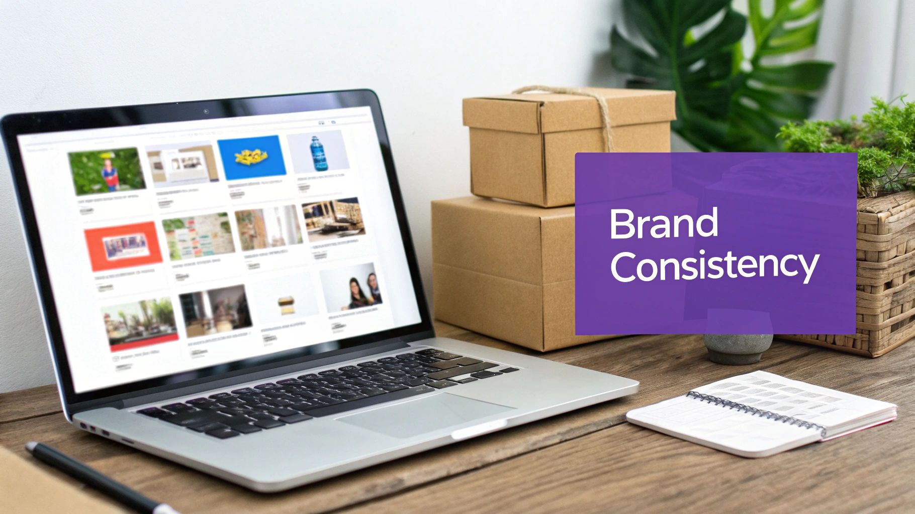 A laptop displaying various images, stacked cardboard boxes, and a 'Brand Consistency' overlay on a desk.