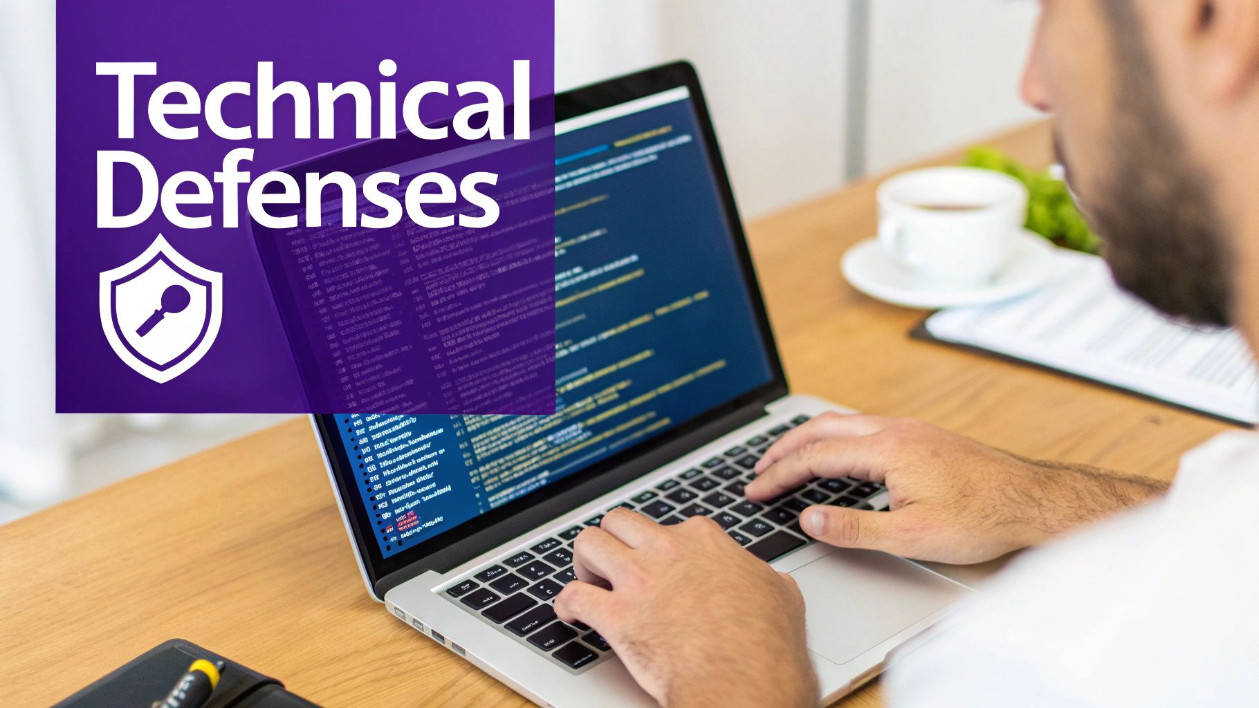 A person works on a laptop displaying code, with a 'Technical Defenses' overlay and a shield icon.