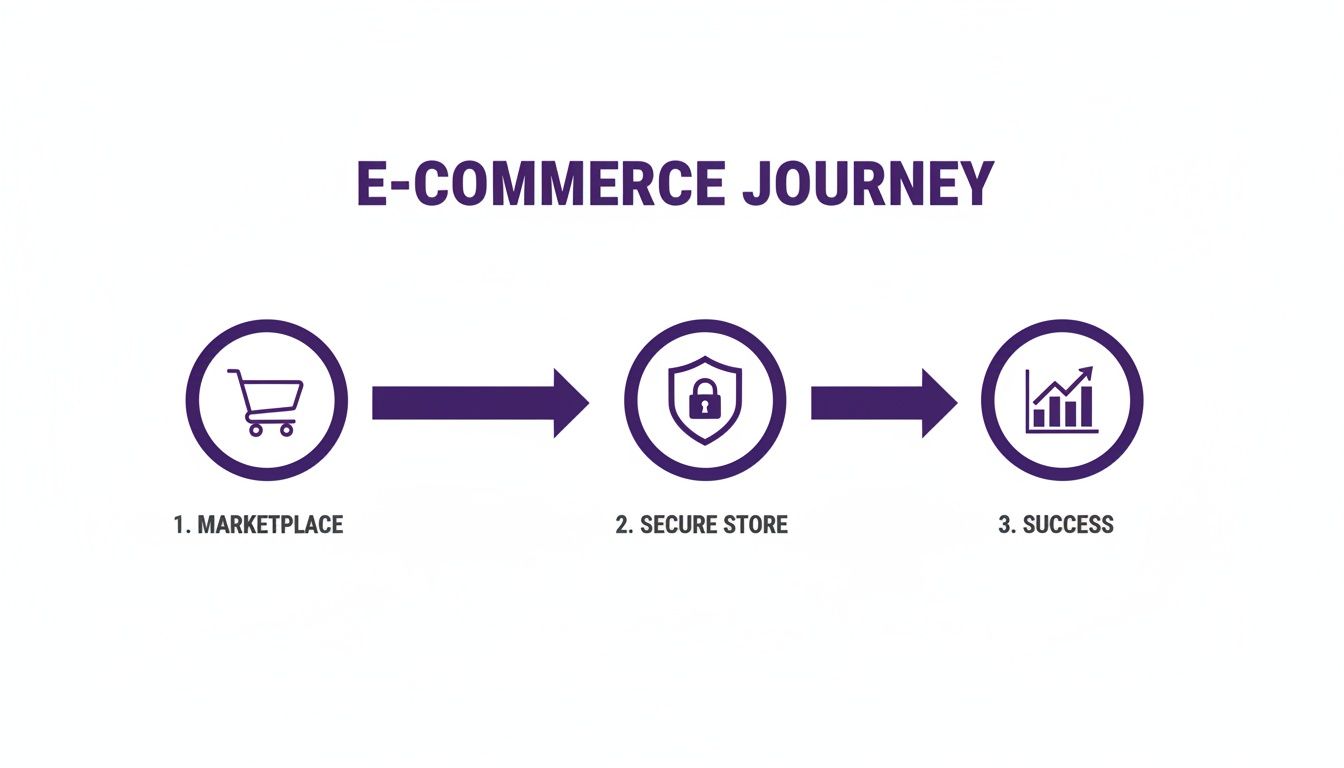 E-commerce journey infographic illustrating steps from marketplace to secure store and ultimate success.