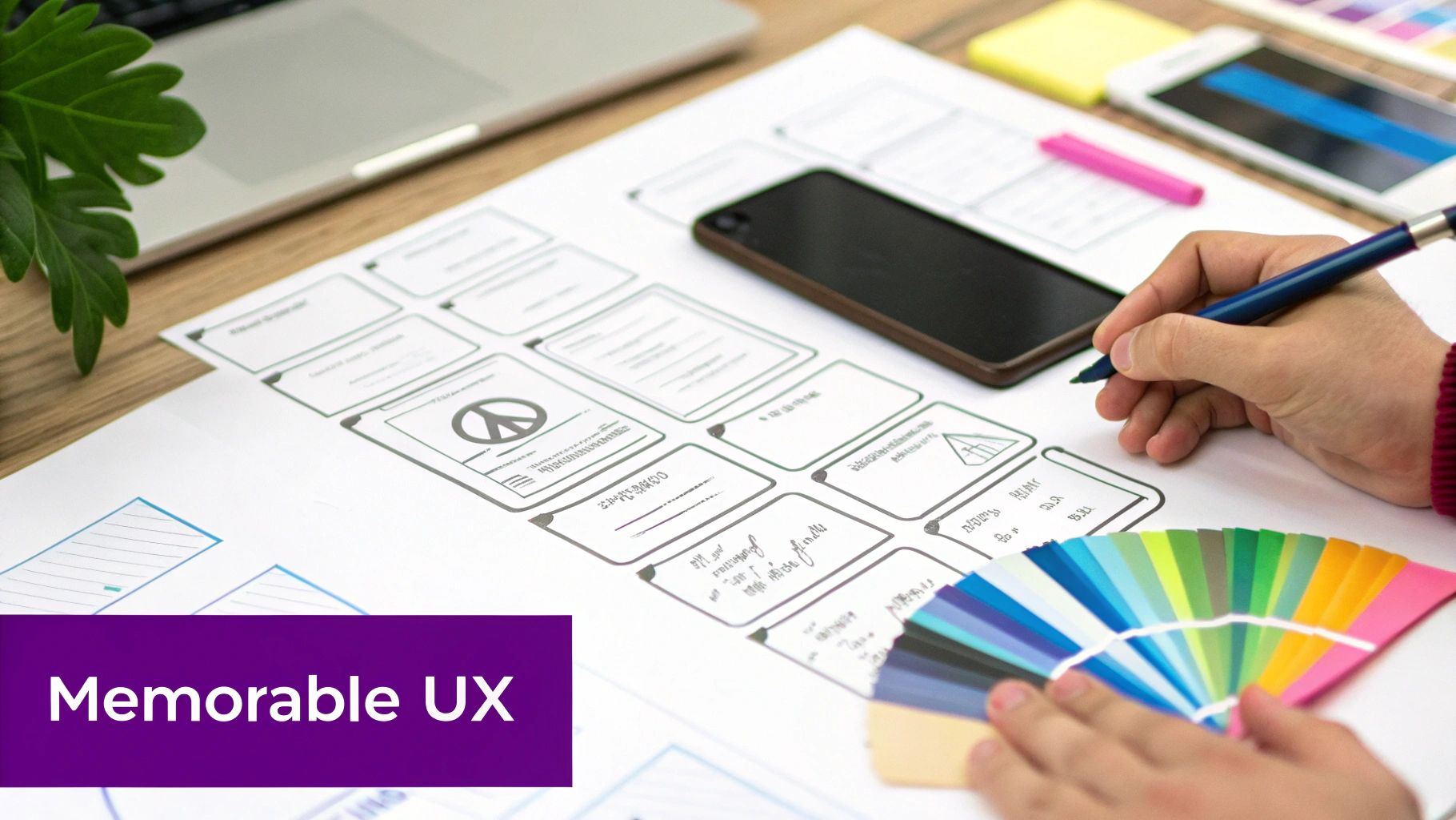 A designer sketches mobile app wireframes and uses a color palette on a desk with a laptop and smartphone.