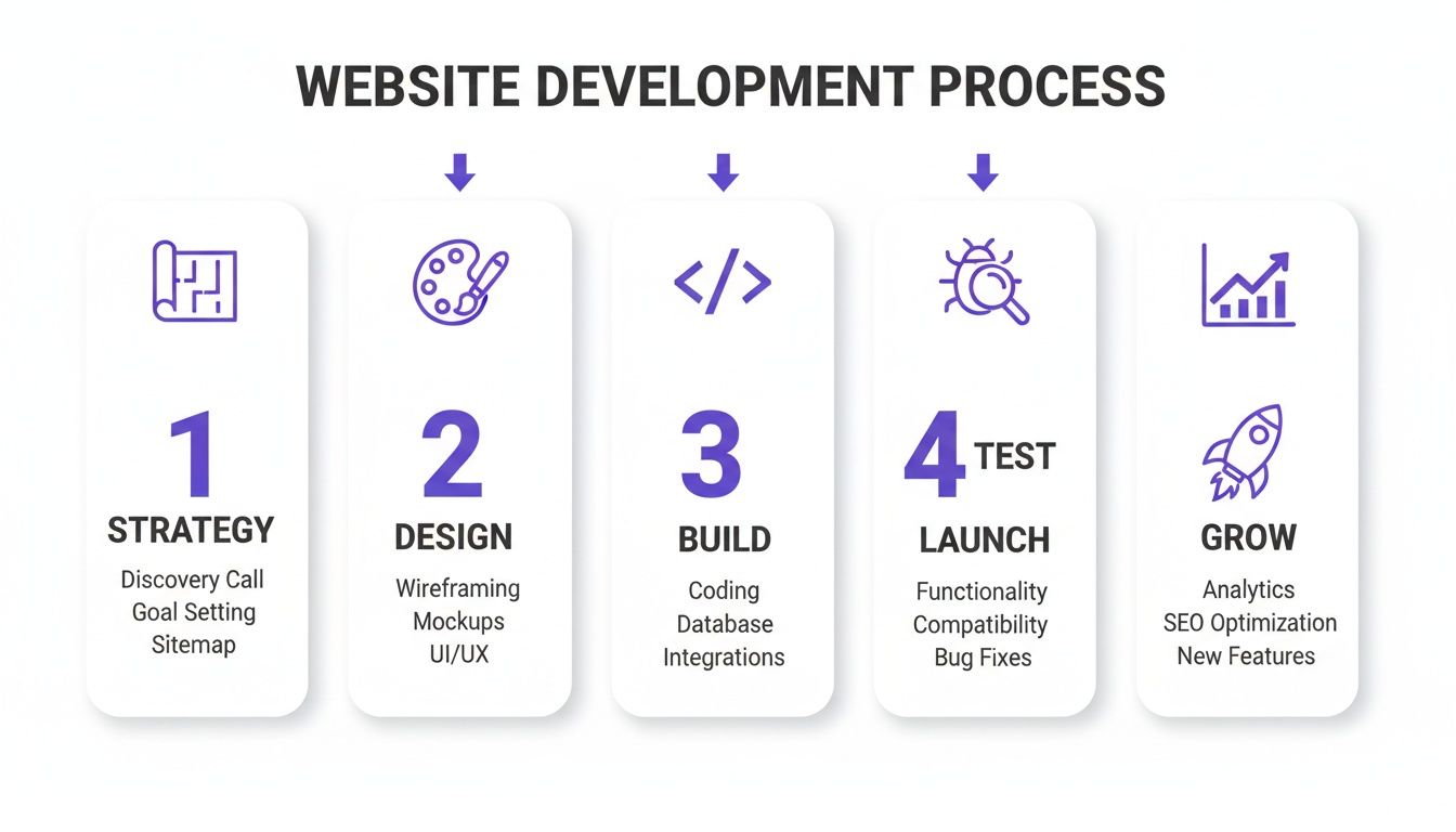 Infographic showing the 5-step website development process: Strategy, Design, Build, Launch, and Grow.
