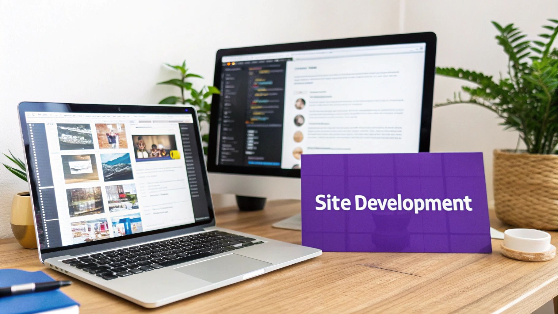A desk with a laptop, an external monitor displaying code, and a purple 'Site Development' sign.