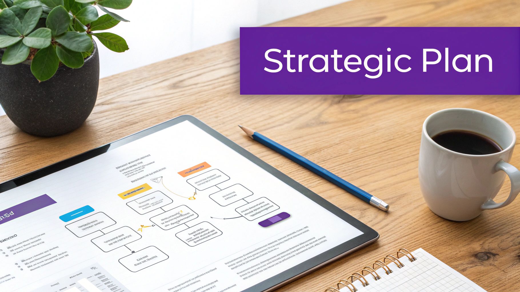 A tablet showing a business strategic plan on a wooden desk with coffee, a pencil, and a plant.