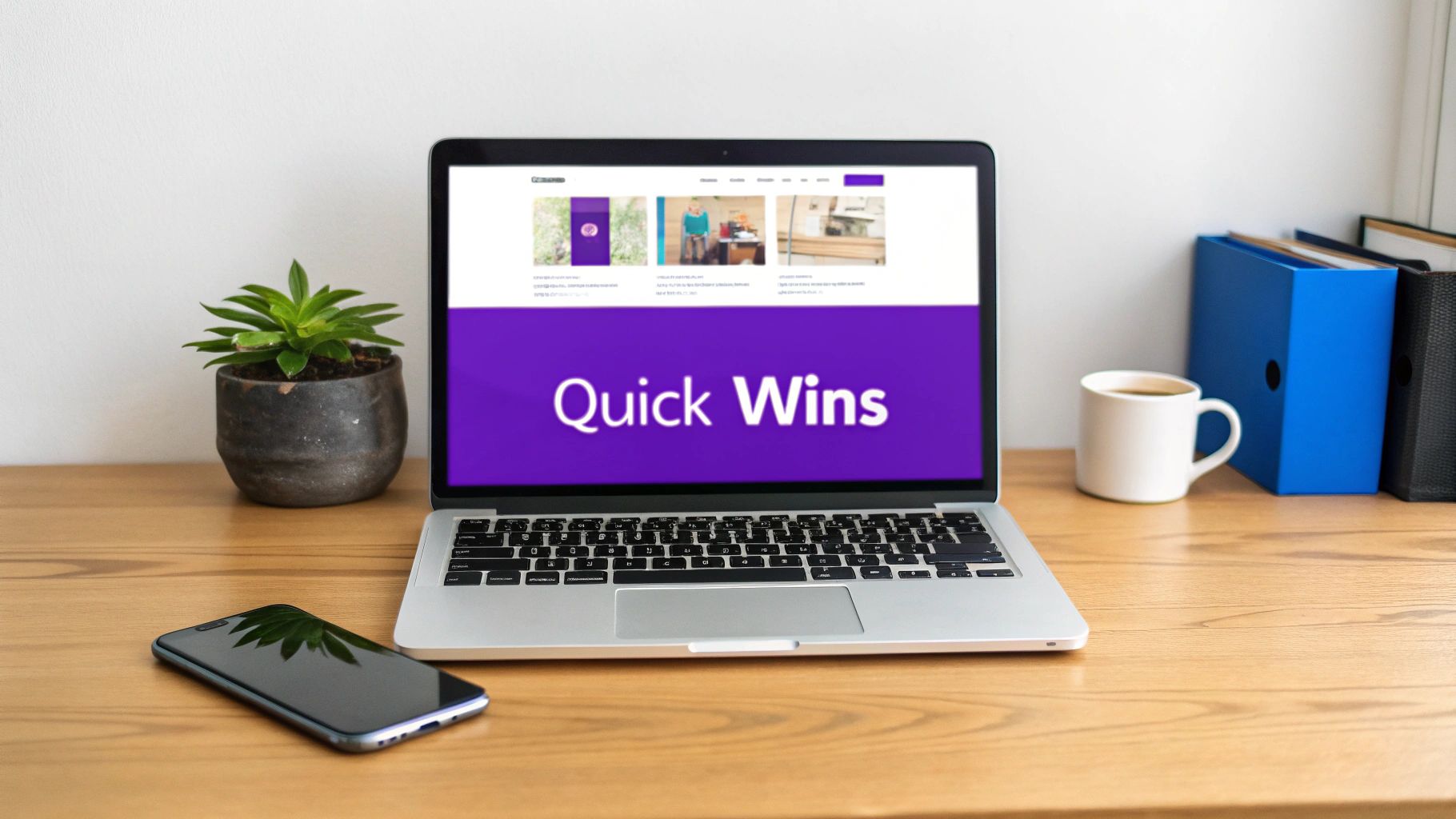 A laptop displaying 'Quick Wins' on a purple screen, a plant, a phone, and a coffee mug on a wooden desk.
