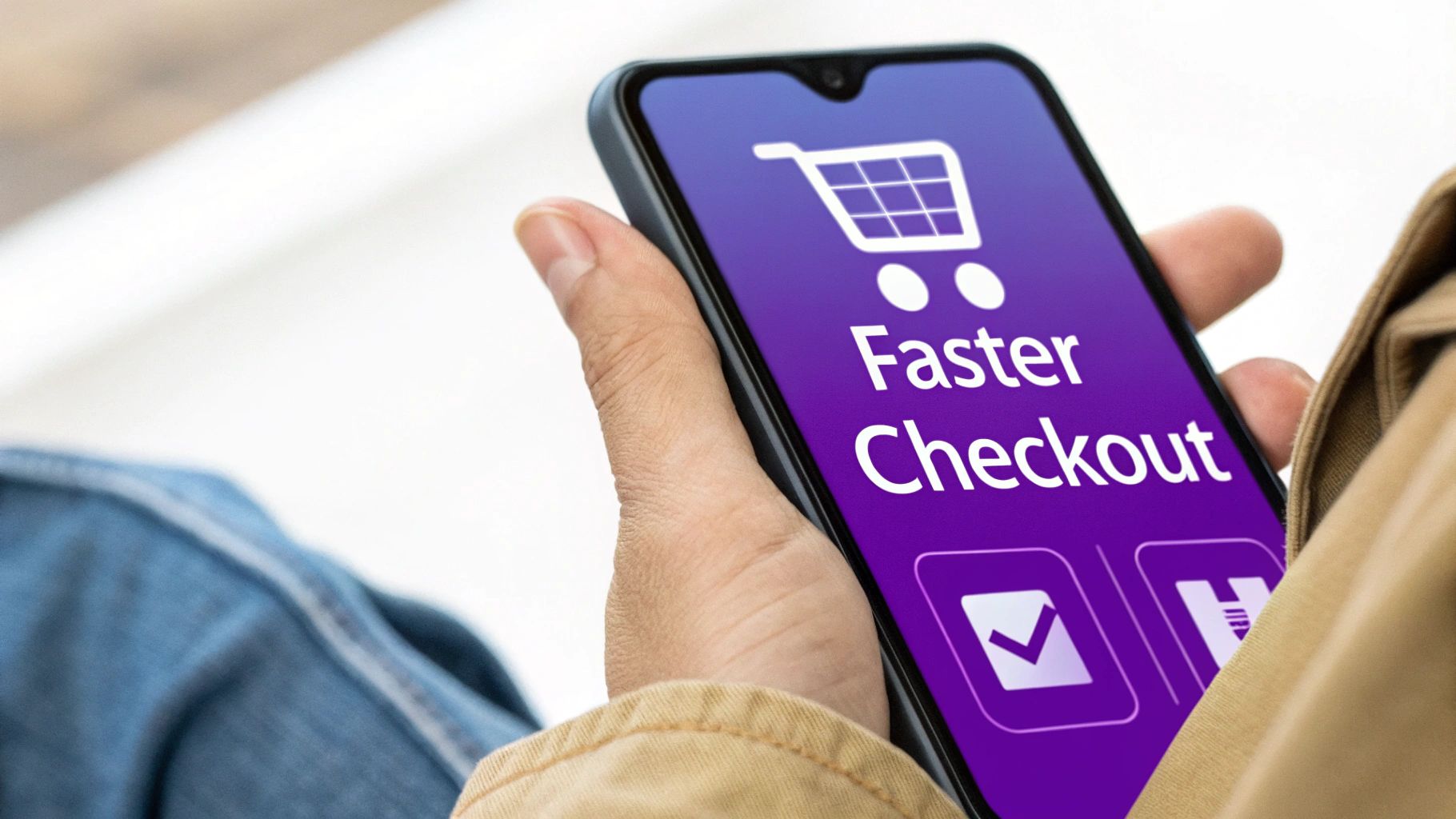 Person holding a smartphone displaying 'Faster Checkout' with a shopping cart icon, promoting quick online shopping.