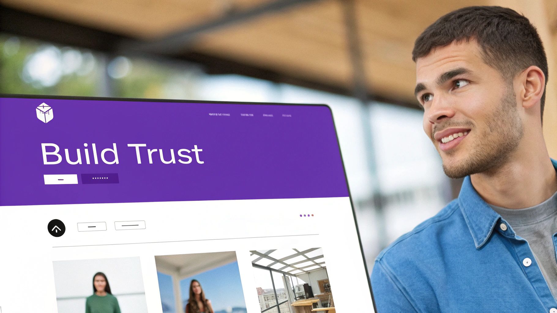 A young man happily looks at a laptop screen showing a purple banner with the words "Build Trust."