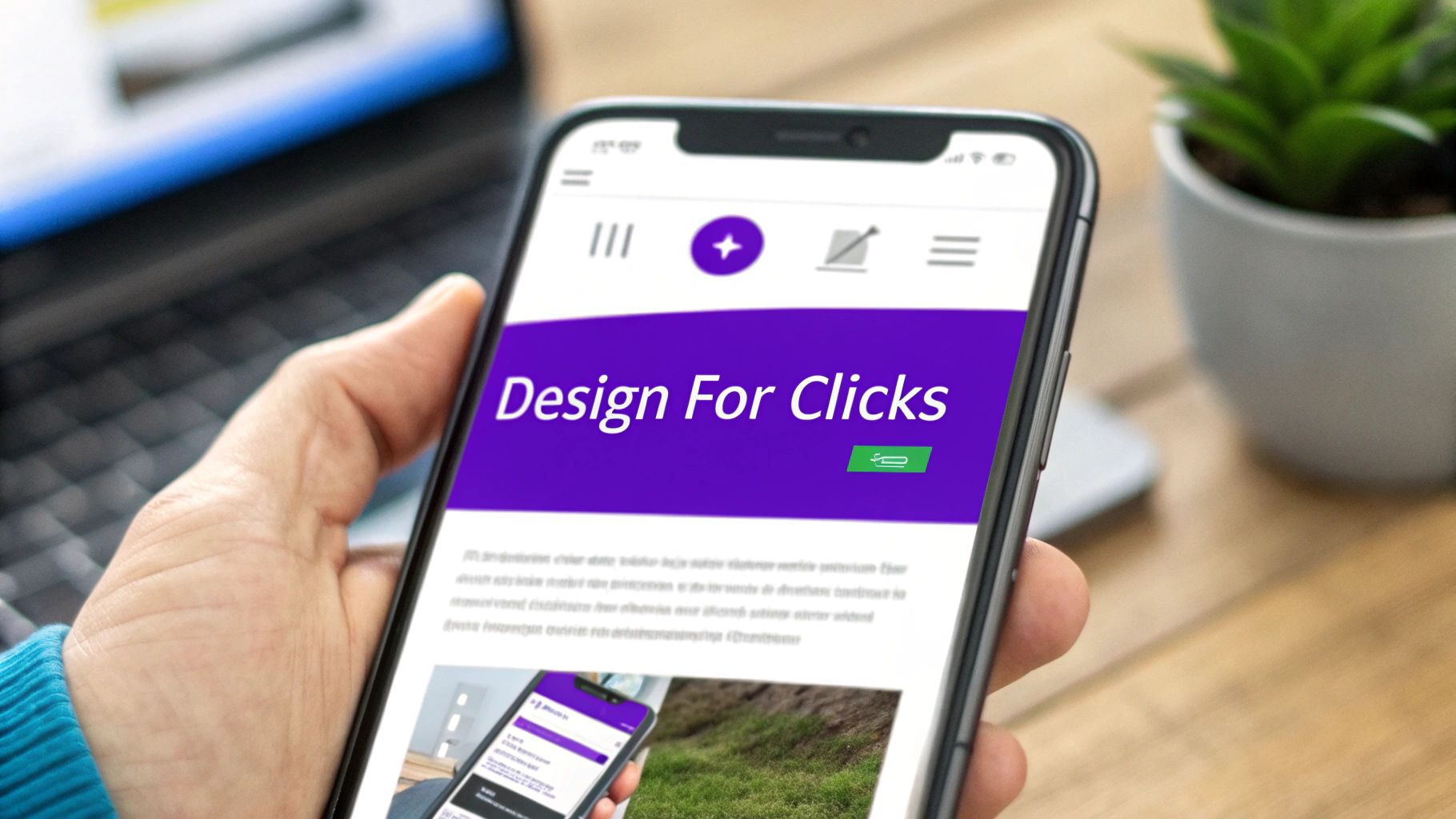 A person holds a smartphone displaying a webpage with 'Design For Clicks' on a purple banner.
