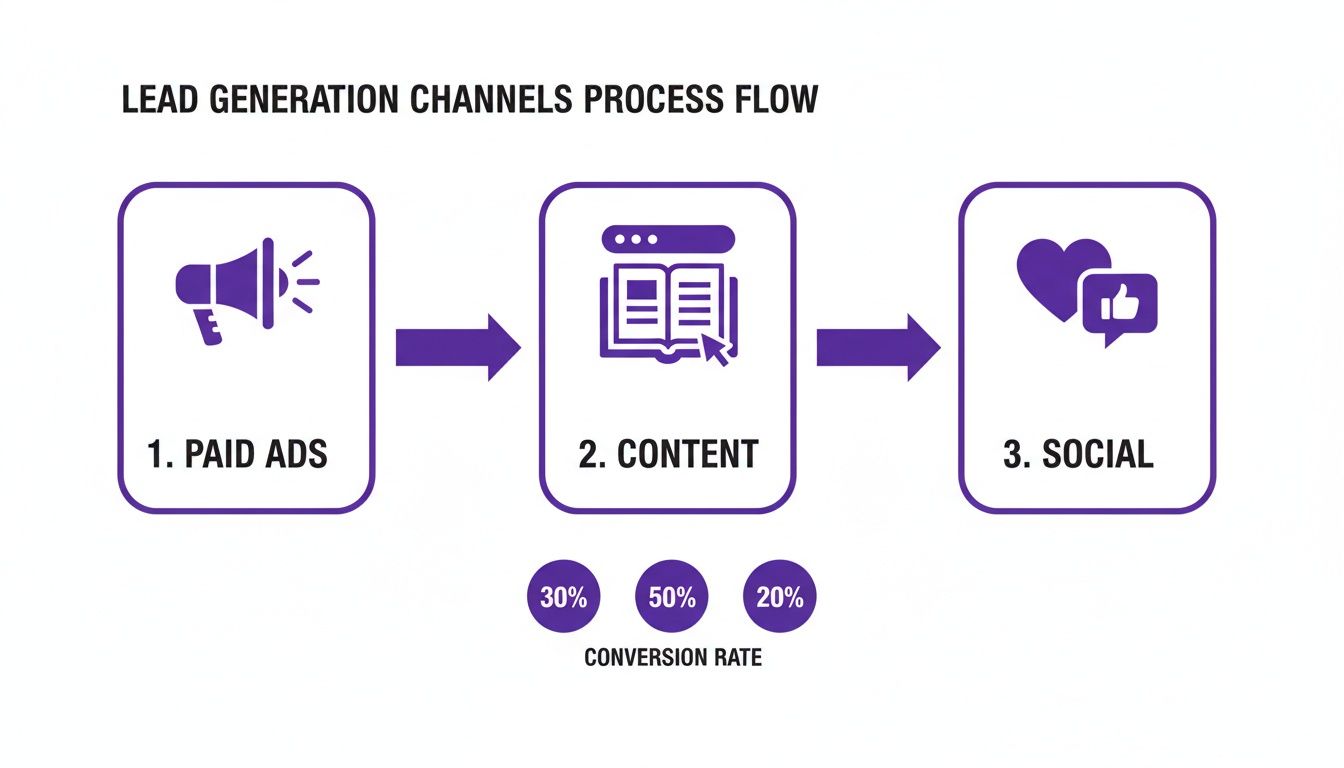 A flow diagram illustrating lead generation channels: Paid Ads, Content, and Social, with conversion rates.