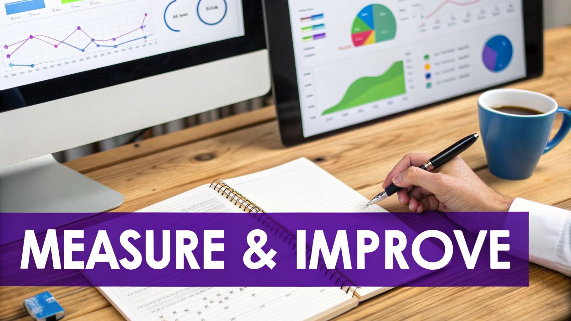 A person writing in a notebook, with computer screens showing business data and charts. 'MEASURE & IMPROVE' is visible.