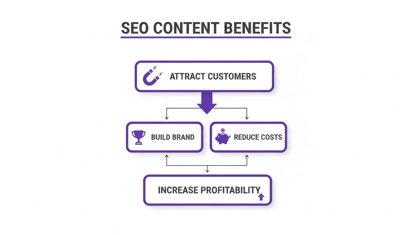 Flowchart illustrating SEO content benefits: attract customers, build brand, reduce costs, increasing profitability.