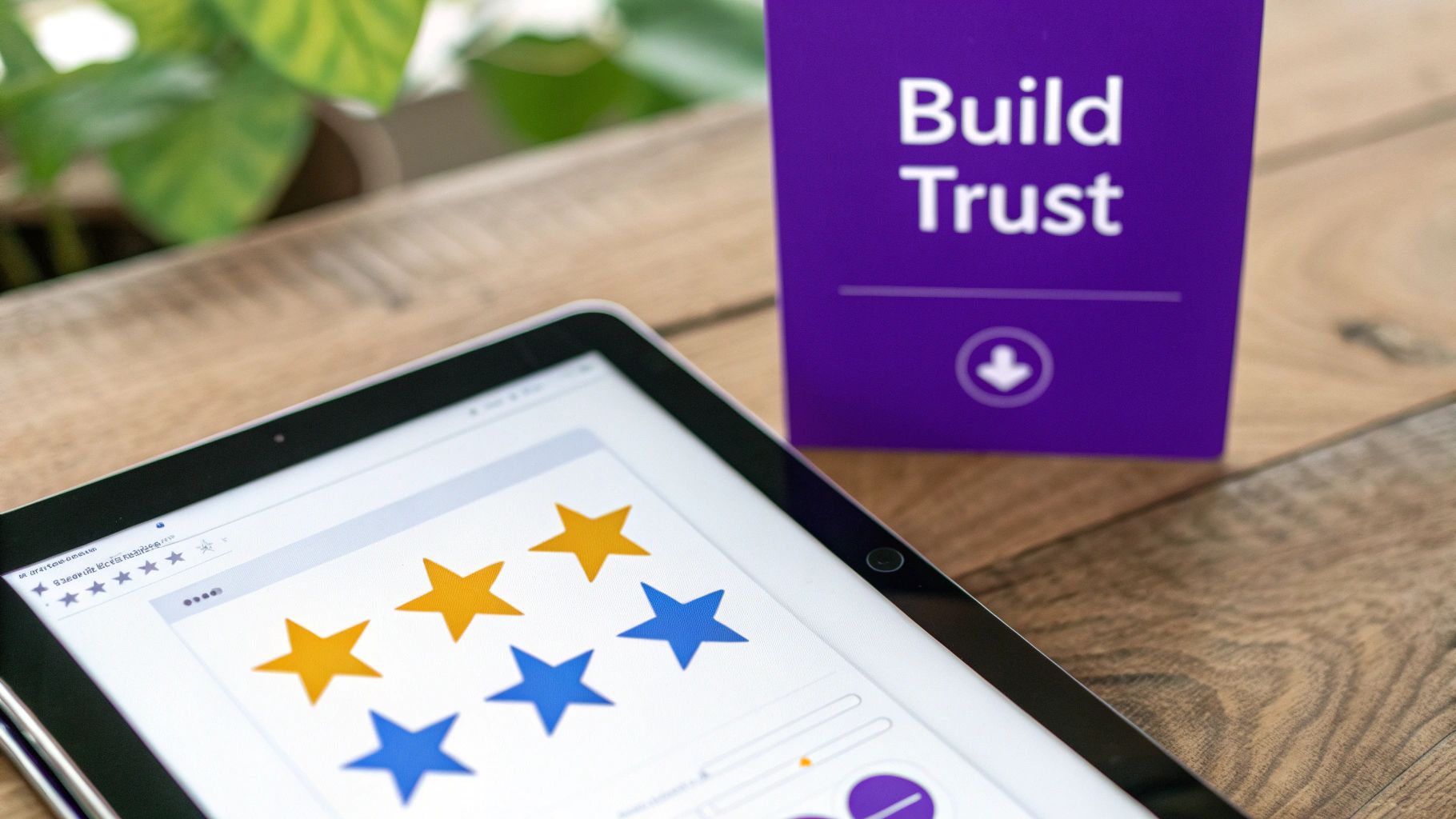 A tablet displays star ratings on a product page next to a 'Build Trust' sign, emphasizing customer confidence.