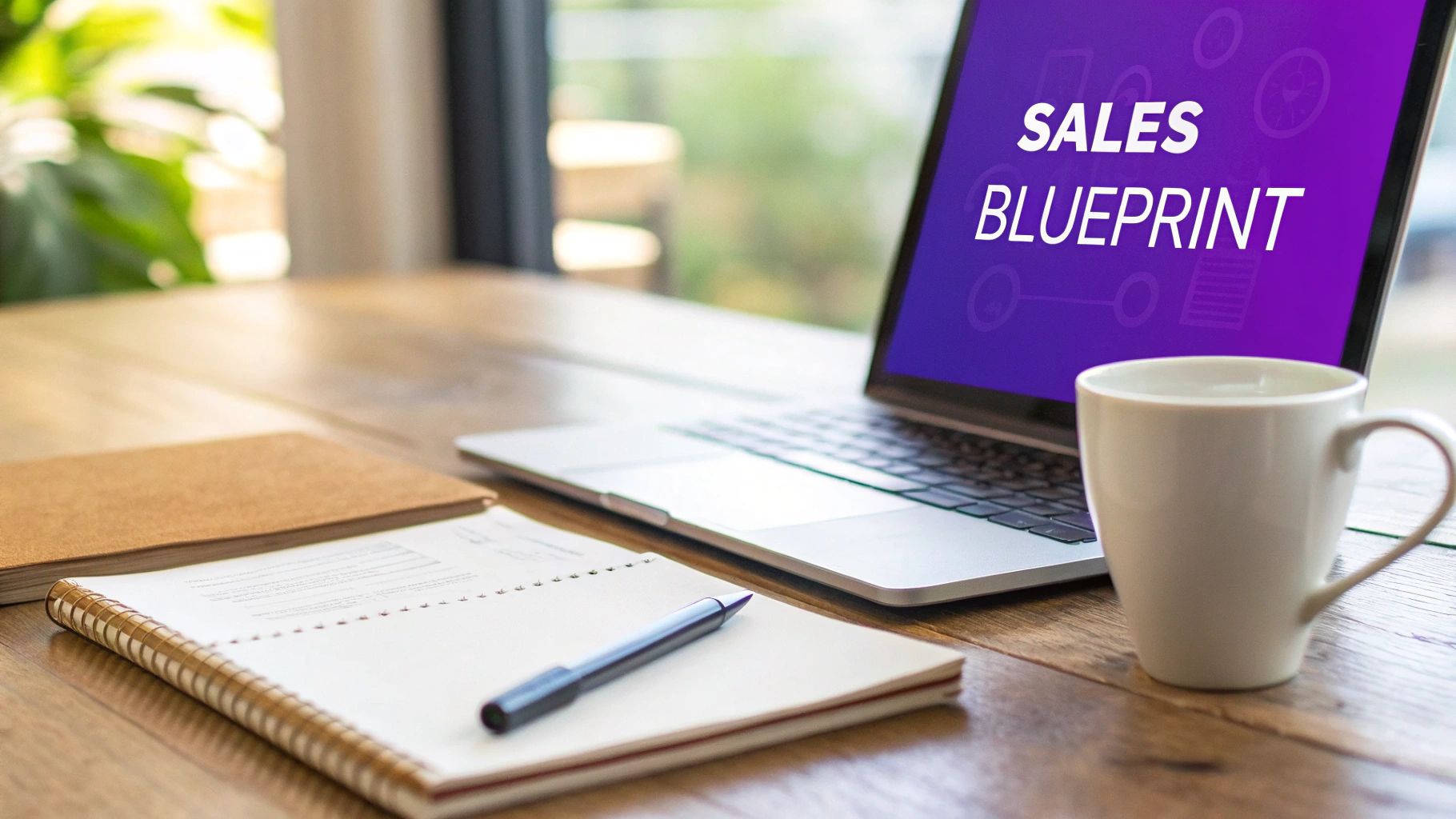 A laptop displaying "SALES BLUEPRINT" on its screen, a notebook, pen, and coffee mug on a wooden desk.