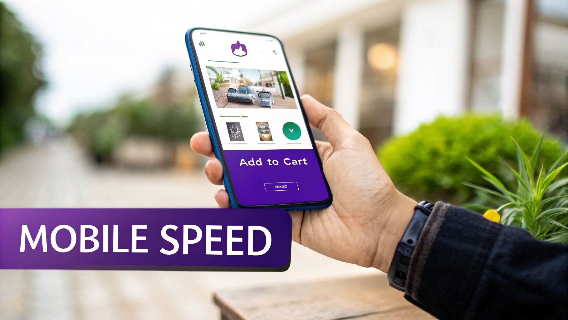 A person holds a smartphone displaying an e-commerce product page with an 'Add to Cart' button, emphasizing mobile speed.