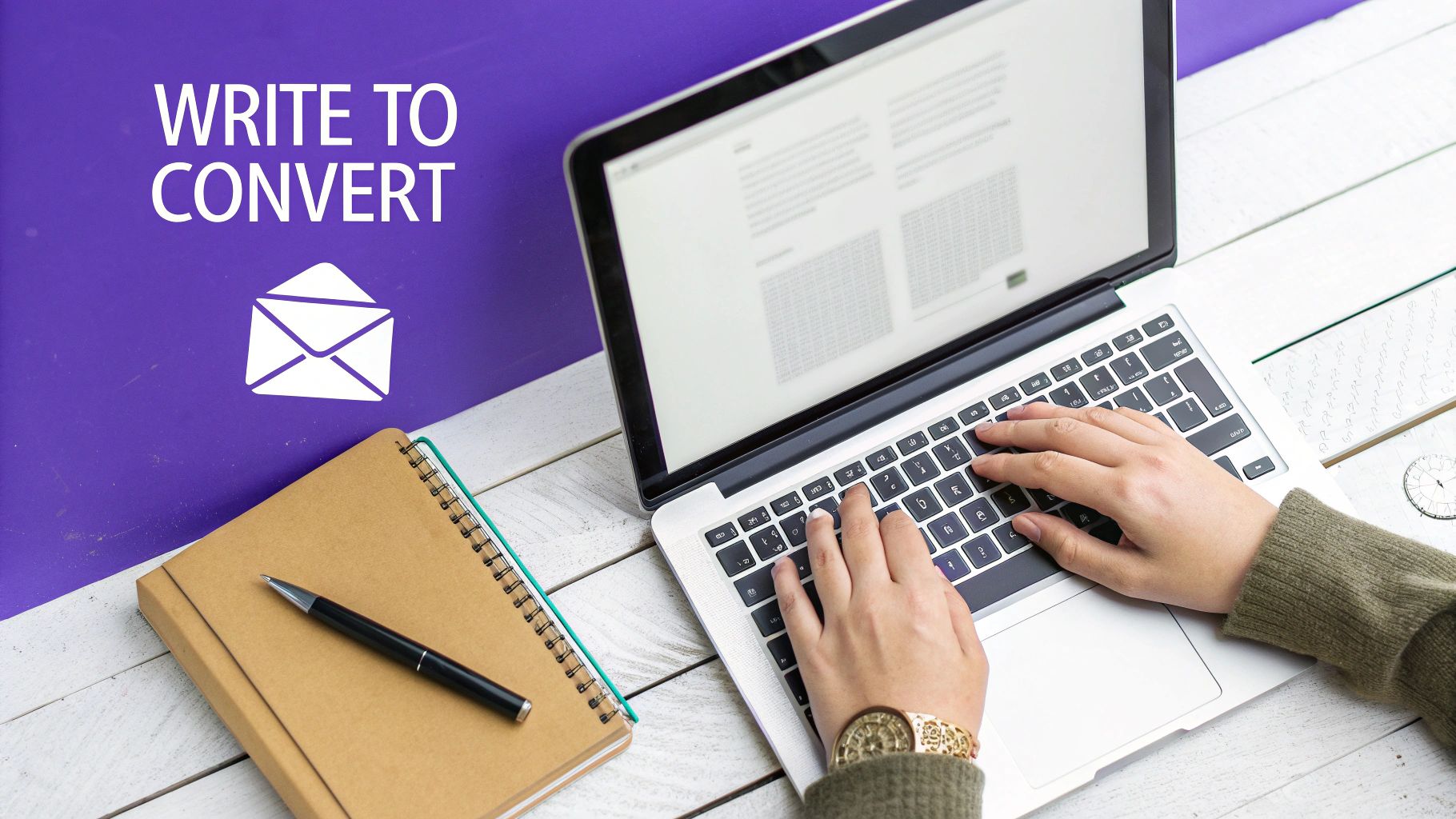 Hands typing on a laptop with an open notebook, pen, and 'WRITE TO CONVERT' text.
