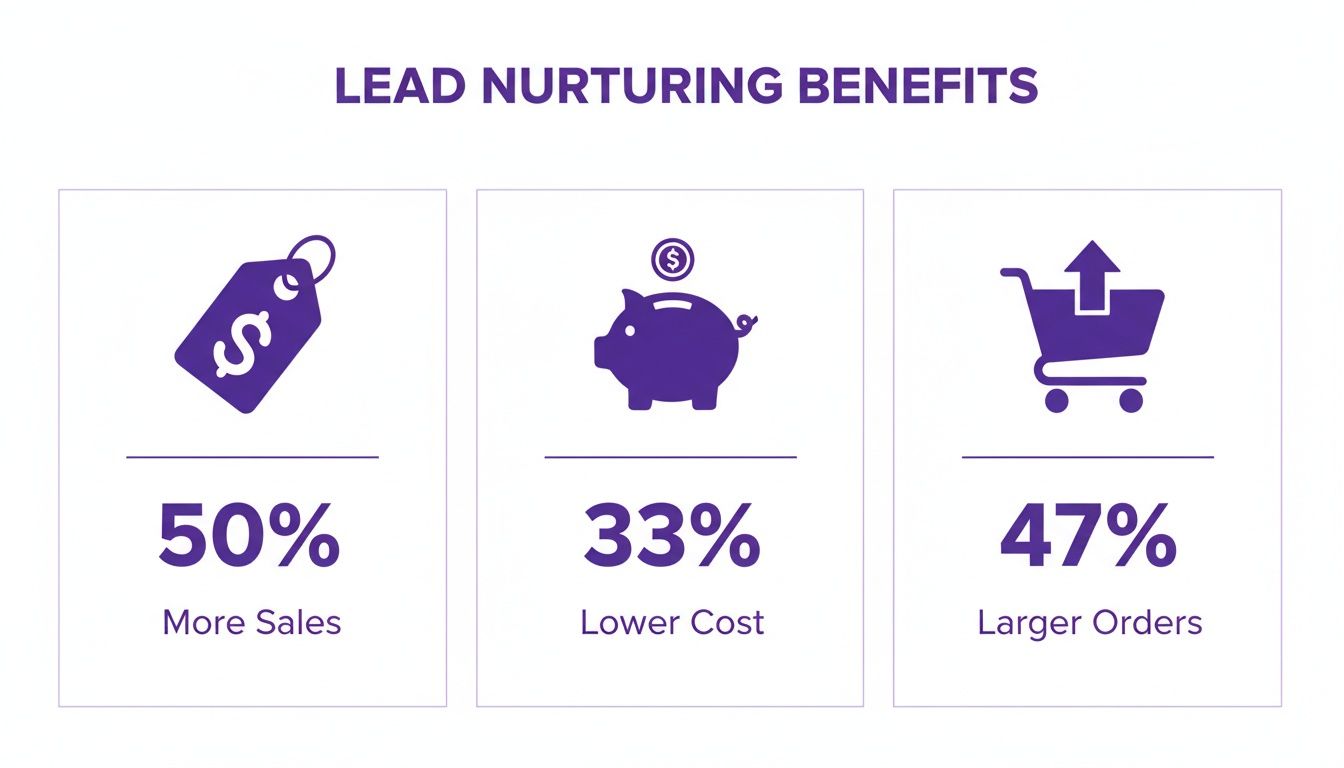 Infographic showing lead nurturing benefits: 50% more sales, 33% lower cost, and 47% larger orders.