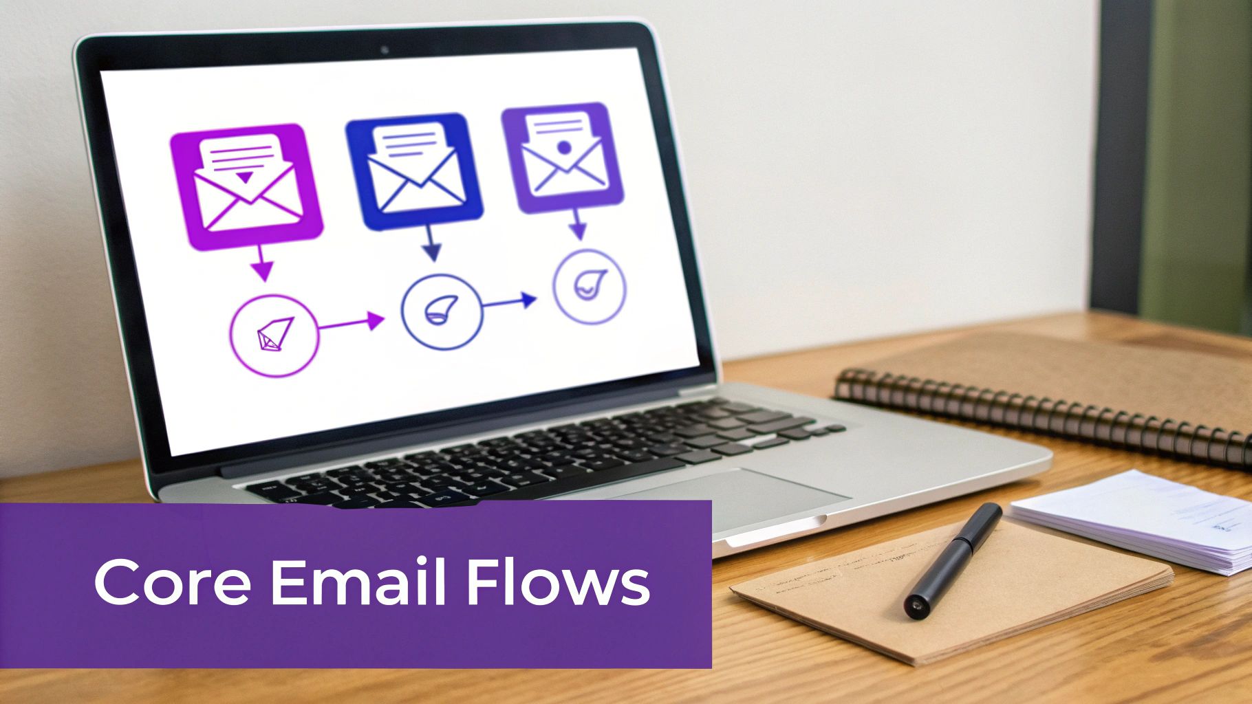 Laptop screen shows a diagram of core email flows, with messages progressing through stages.