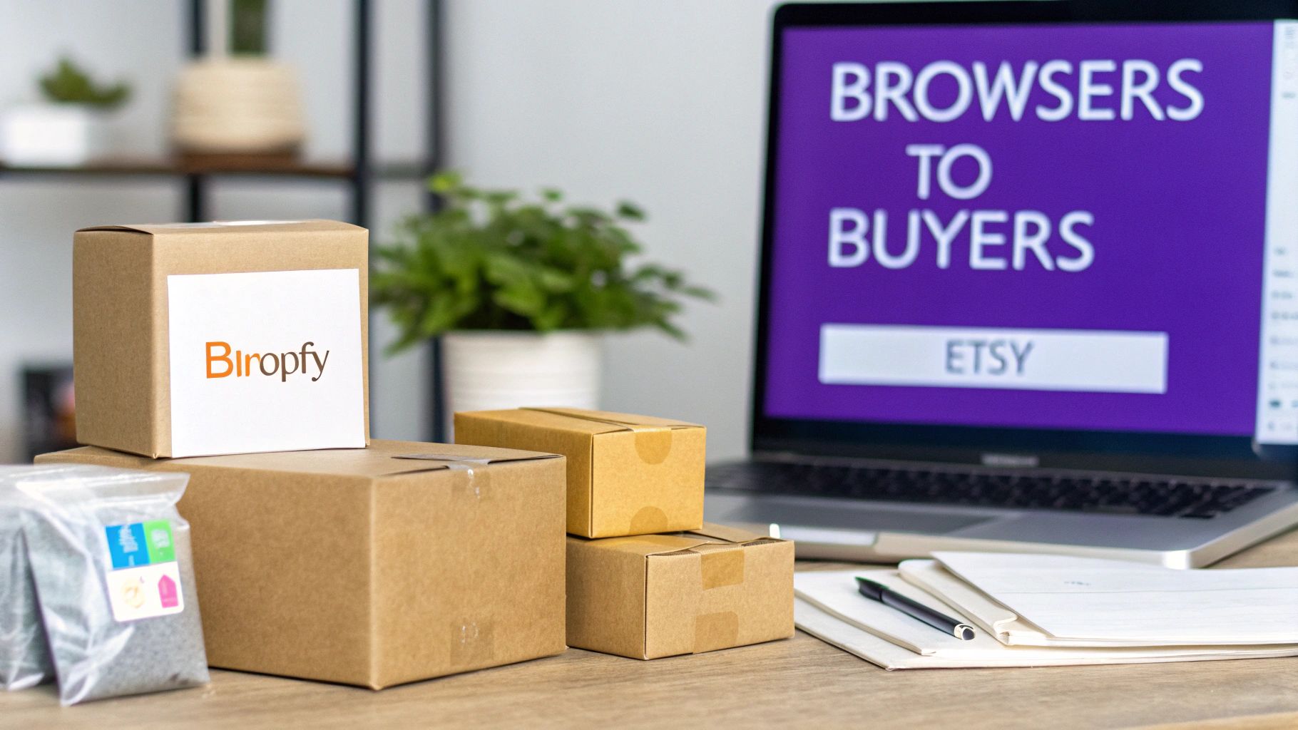 A desk setup for an e-commerce business with cardboard boxes, 'Birropfy' logo, and a laptop showing 'Etsy'.