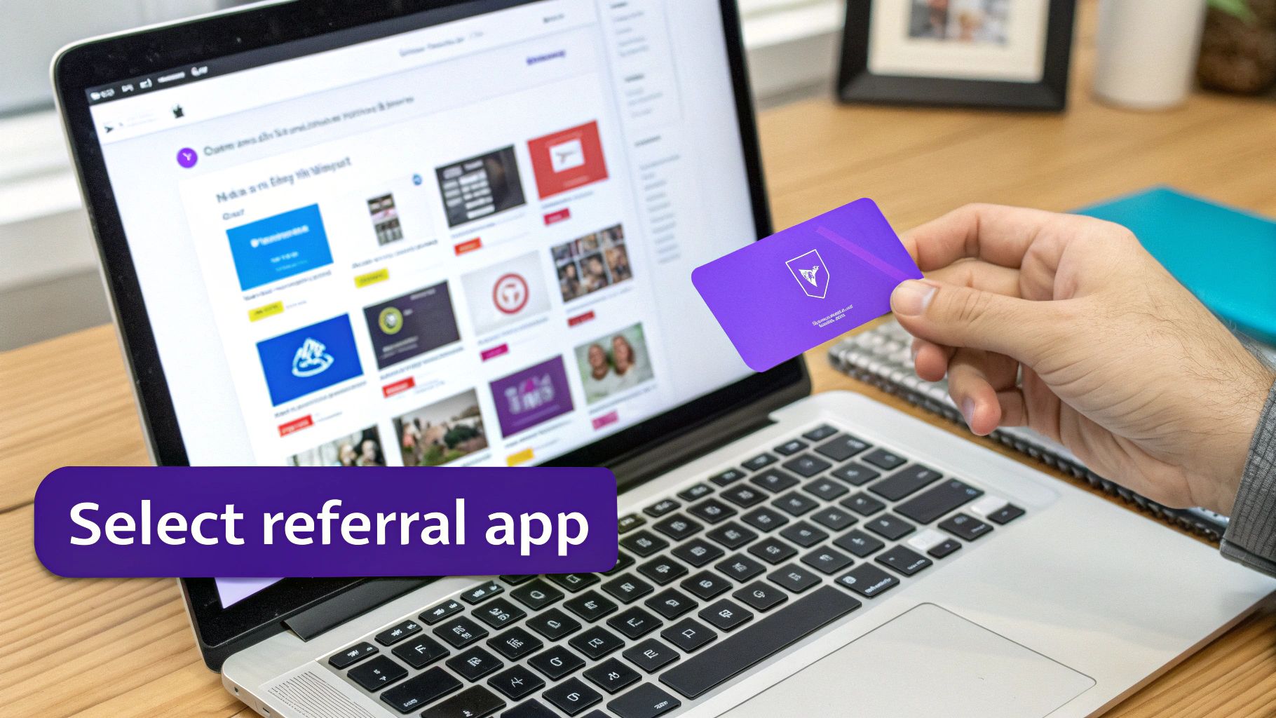 Person holding a purple card near a laptop displaying an app selection screen for a referral program.