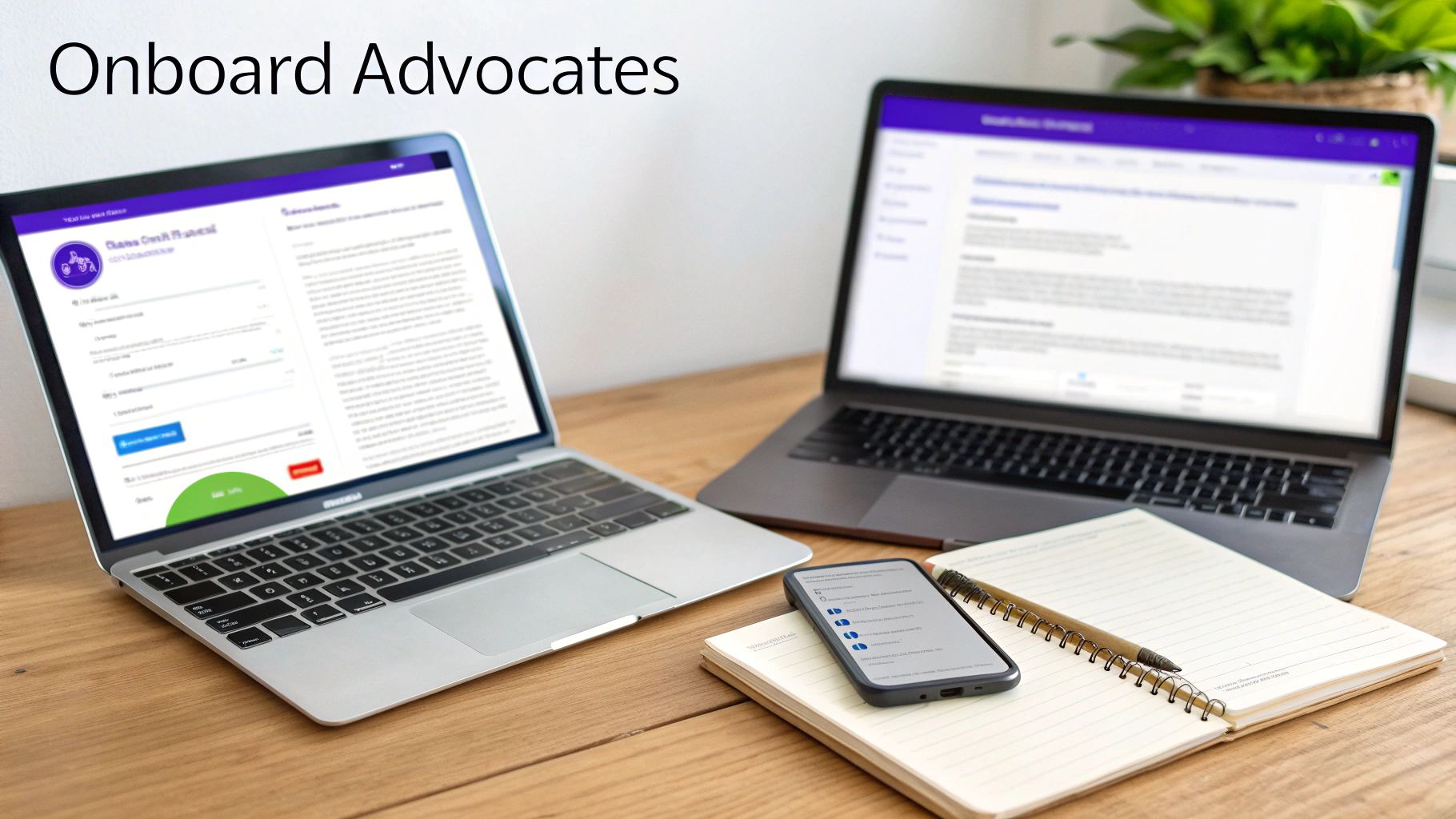 Two laptops, a smartphone, notebook, and pen on a wooden desk with 'Onboard Advocates' text.