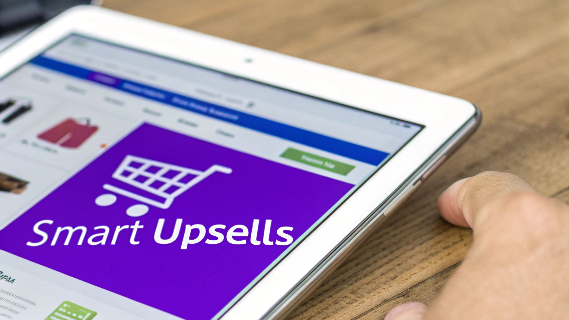 A person holding a tablet displaying an e-commerce app with 'Smart Upsells' and a shopping cart icon.