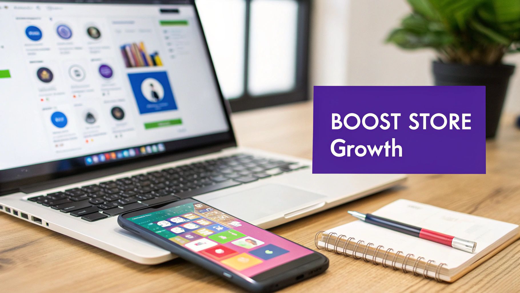 A laptop, smartphone, notebook, and pen on a wooden desk with a 'BOOST STORE Growth' overlay.