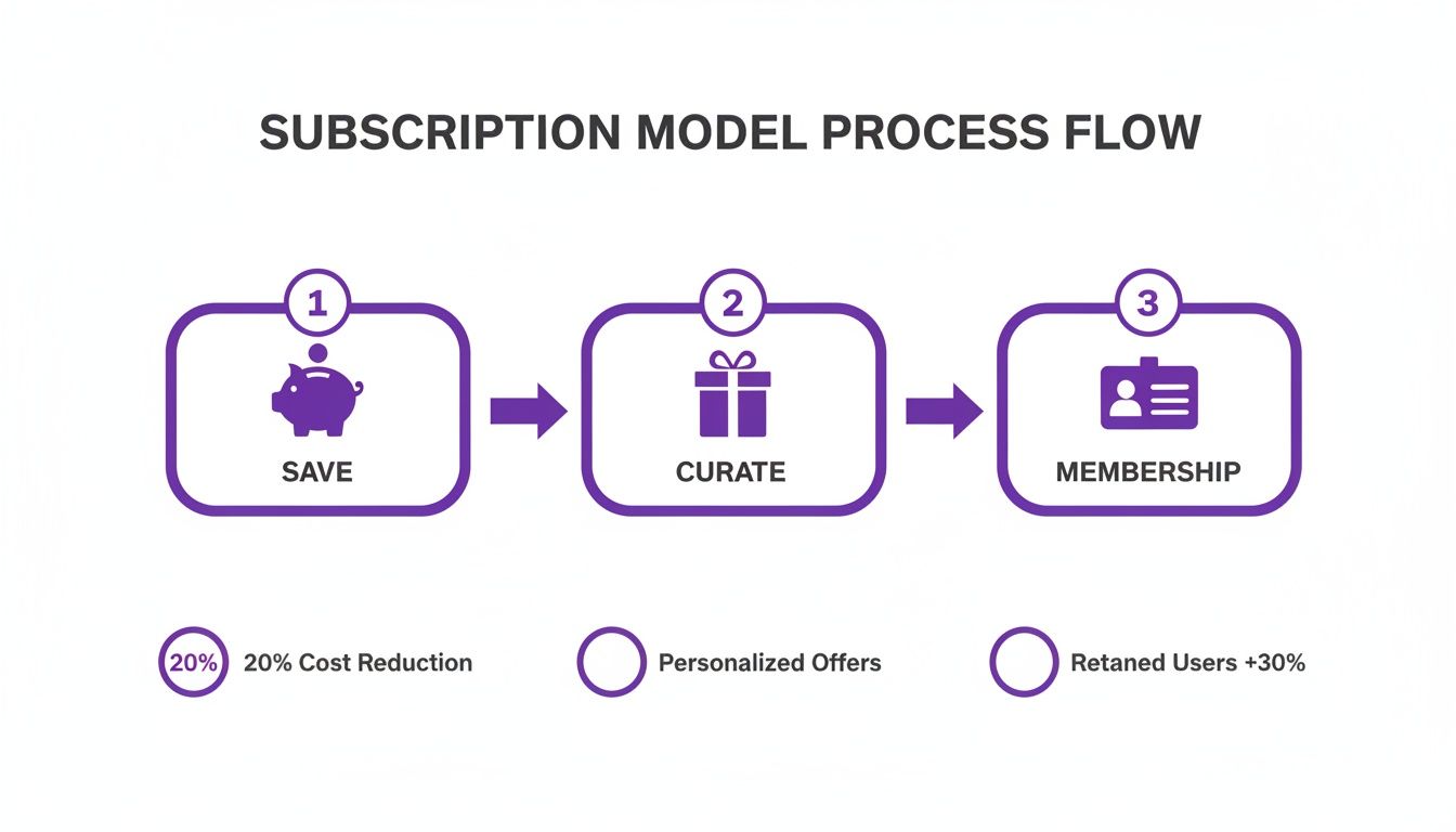 Subscription model process flow illustrating steps: save, curate, and membership with benefits like cost reduction and user retention.