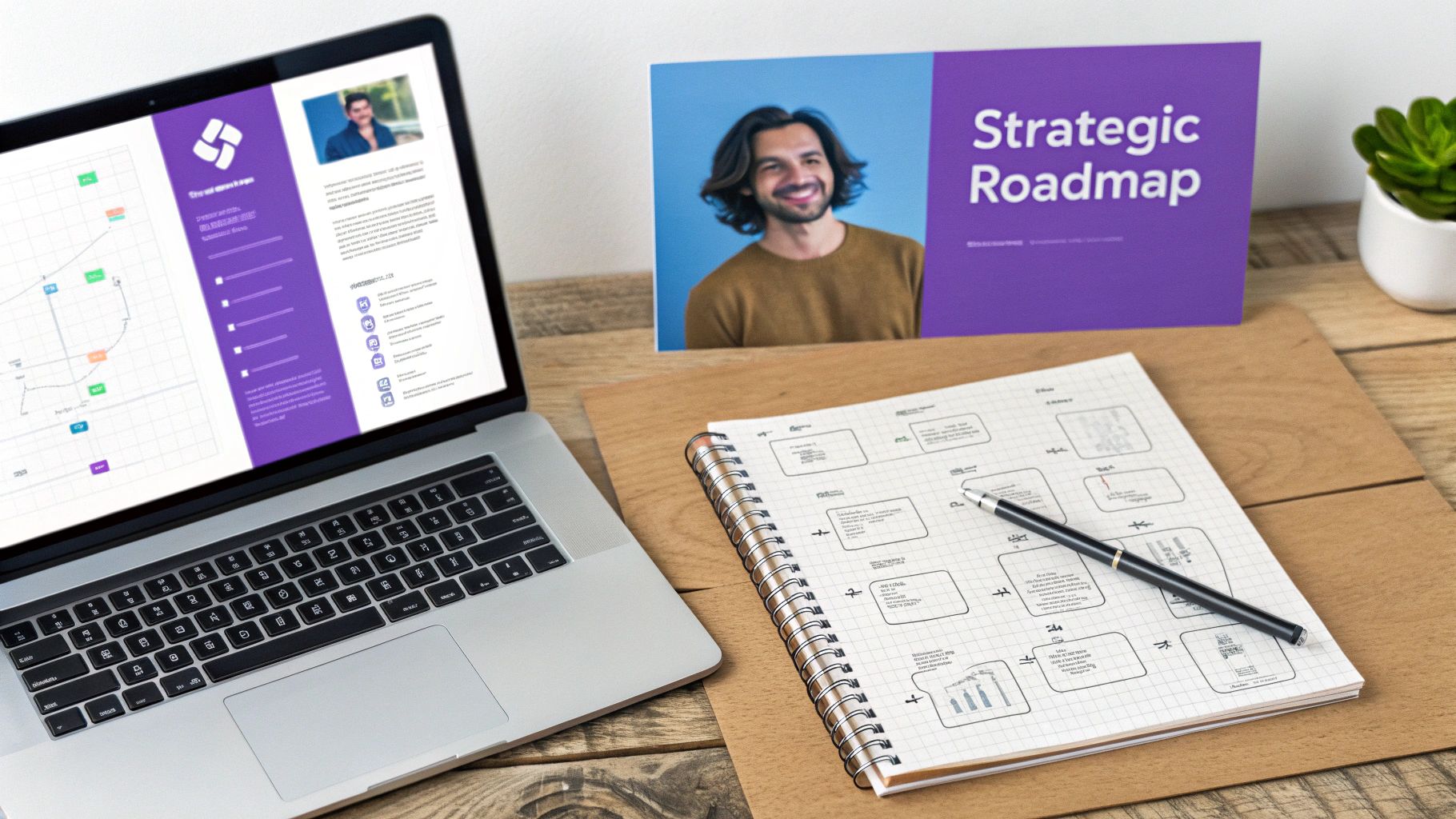 Workspace with laptop displaying a website plan, 'Strategic Roadmap' poster, and a notebook with diagrams.
