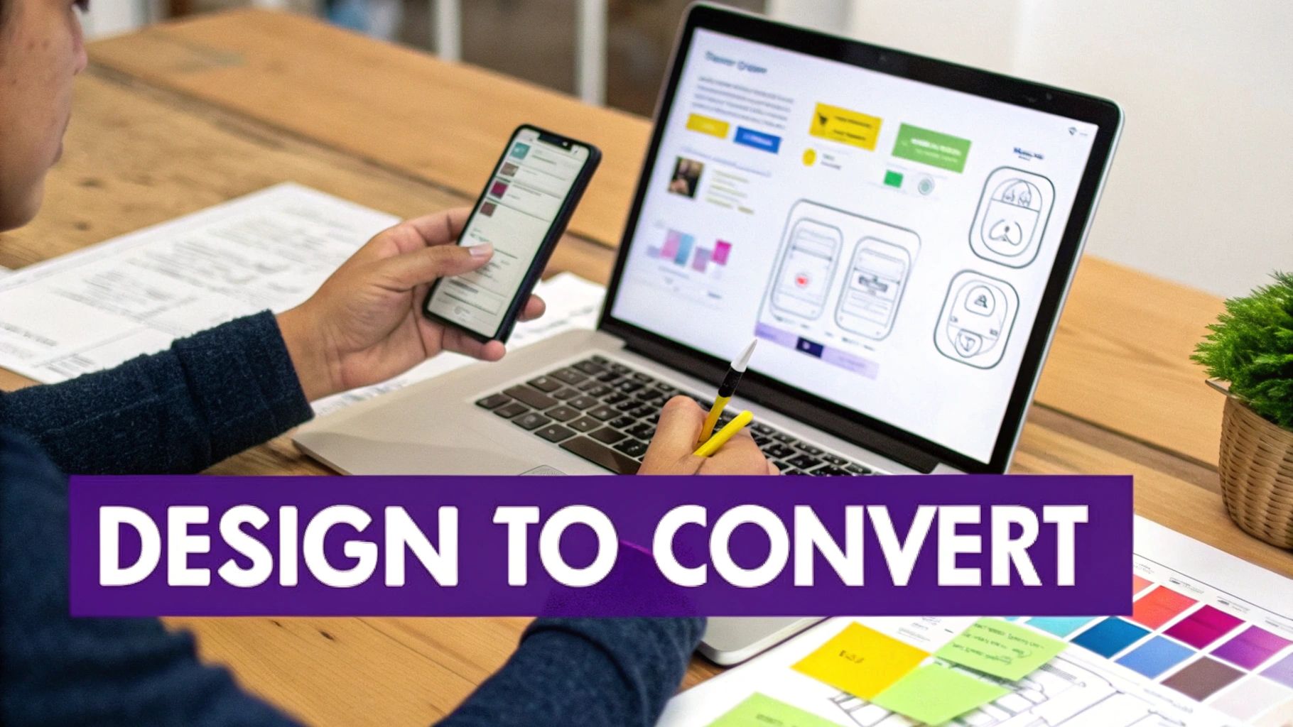 A person is working on UI/UX design, holding a phone and using a laptop with wireframes.