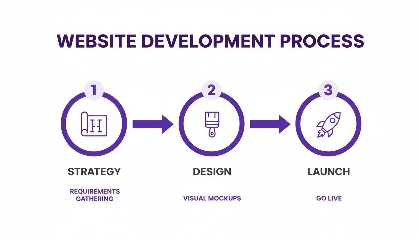 Visual representation of the website development process outlining strategy, design, and launch phases.