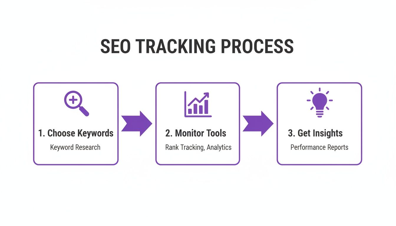 Diagram showing the SEO tracking process with three steps: choose keywords, monitor tools, and get insights.