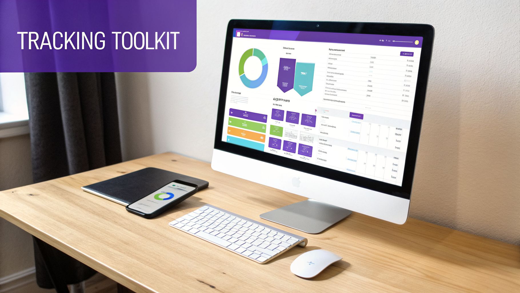 A clean desk setup featuring a computer monitor displaying a dashboard, smartphone, keyboard, and mouse, with a 'Tracking Toolkit' banner.