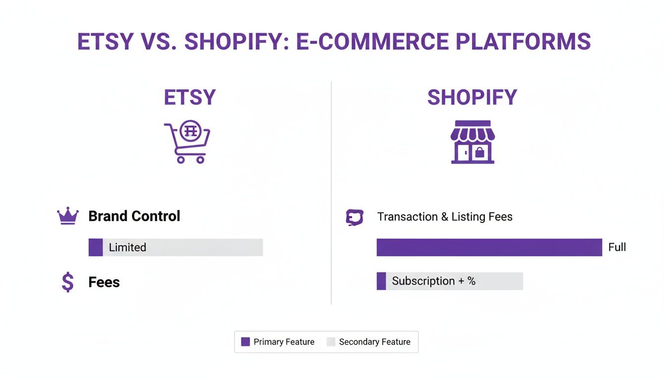 Comparison chart showing Etsy and Shopify e-commerce platforms, detailing brand control and fee structures.
