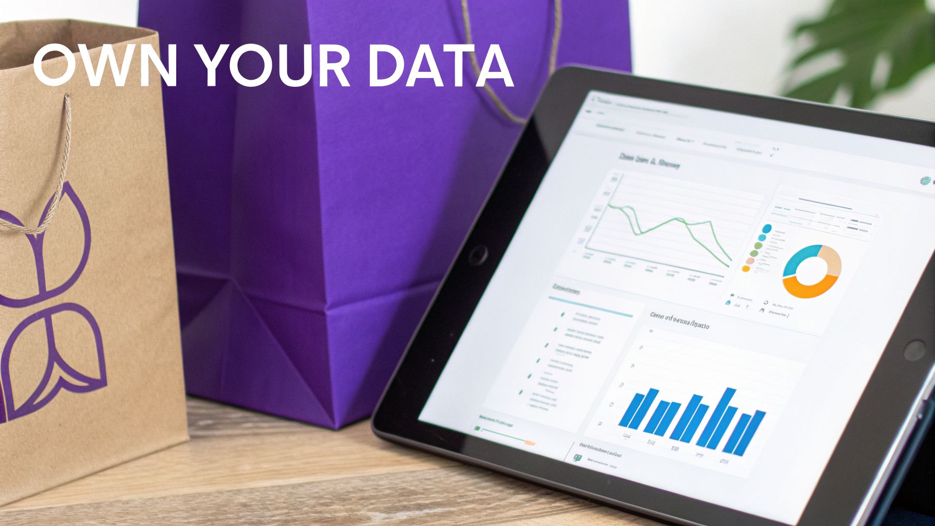 Tablet displaying data analytics charts next to shopping bags, with 'OWN YOUR DATA' text overlay.