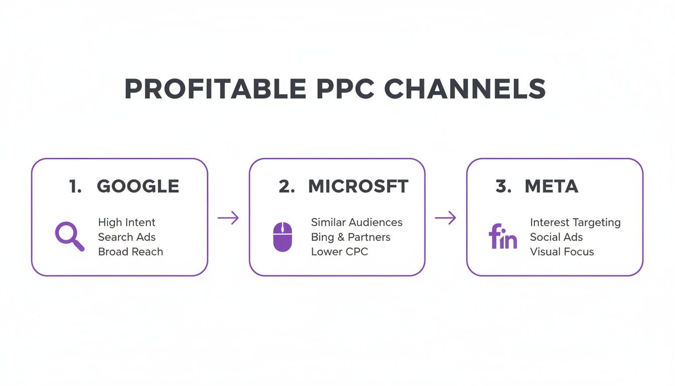 Diagram illustrating three profitable PPC channels: Google, Microsoft, and Meta, with their key features.
